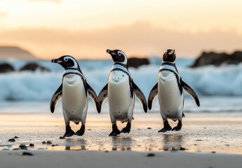Obraz premium Three Playful Penguins Walking Along the Shoreline with Gentle Waves and Sunset in the Background, Capturing the Beauty of Nature and Wildlife
