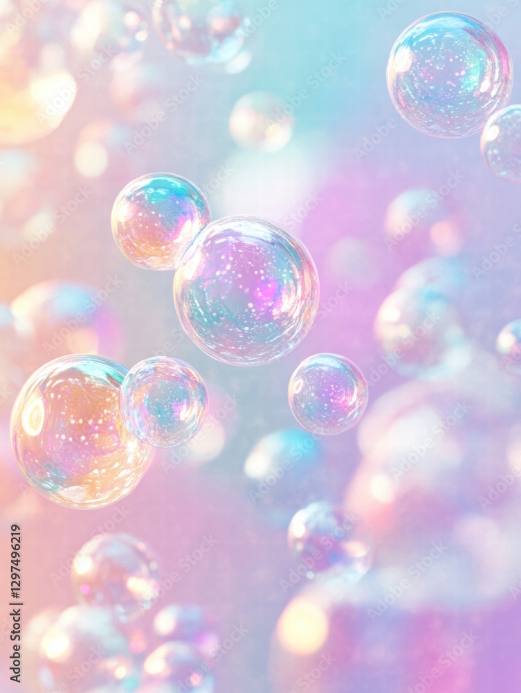 Poster colorful soap bubbles create a mesmerizing and whimsical pattern in soft pastel hues. generative ai