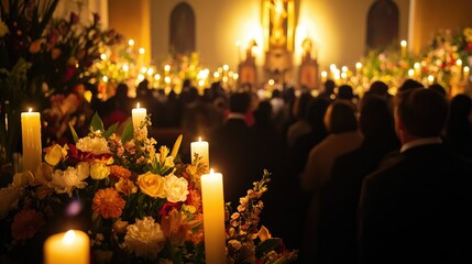 A group of worshippers with candles in hand, attending an Easter Sunday service in a church filled with floral arrangements and celebratory decorations.