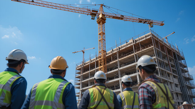 Construction workers oversee tower crane operations at a building site under blue sky