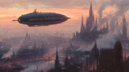 Naklejka premium Airship Over City: A majestic airship sails over a sprawling cityscape at dusk, evoking a sense of wonder and adventure against a backdrop of architectural splendor.