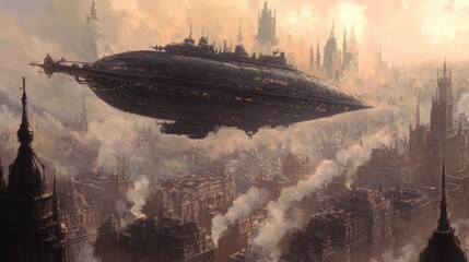 Steampunk Airship Over Metropolis: A colossal airship, reminiscent of Victorian-era technology, soars majestically above a sprawling cityscape of intricate buildings.