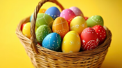 A high-angle view of a basket filled with colorful Easter eggs, arranged against a bright yellow background, emphasizing the festive and cheerful spirit of the holiday