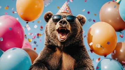 Celebrating bear with party hat and sunglasses amidst colorful balloons and confetti