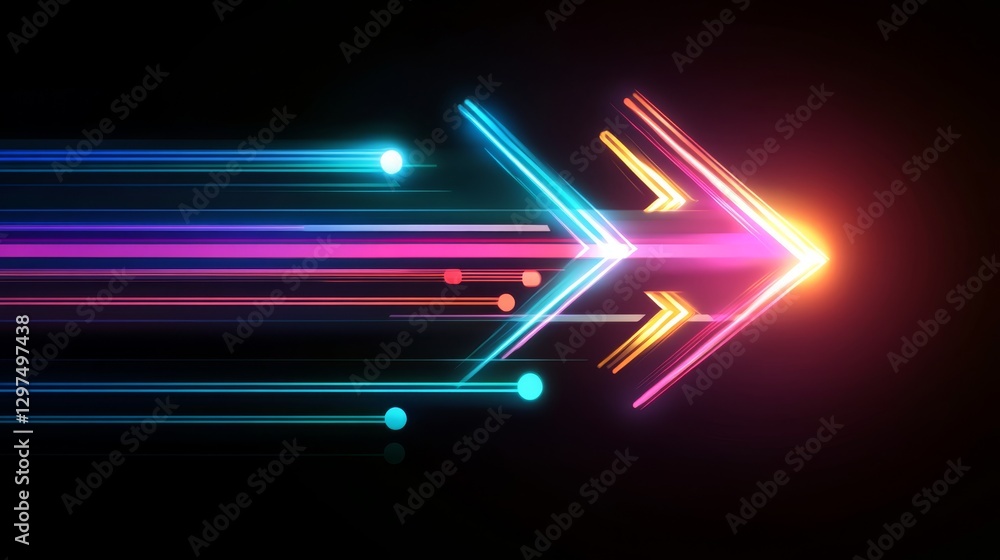 Poster a vibrant neon arrow glides across a dark background, creating a dynamic effect filled with bright c