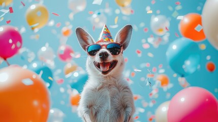 Joyful kangaroo with party hat and sunglasses celebrates among colorful balloons
