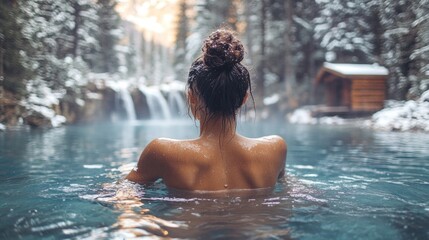 Fototapeta premium Young hispanic woman in tranquil winter forest pool with waterfall and cabin in background