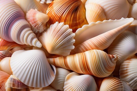 A close-up image showcases a variety of seashells, each with unique textures and colors. The shells are arranged in a cluster, creating a visually appealing composition.