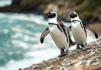 Fototapeta premium Two Charming Magellanic Penguins Walking Along Pebbled Shoreline with Waves Crashing in Background, Capturing Nature's Beauty and Wildlife Splendor