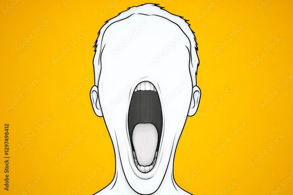 Poster faceless figure with a wide open screaming mouth against a yellow background representing inner stru