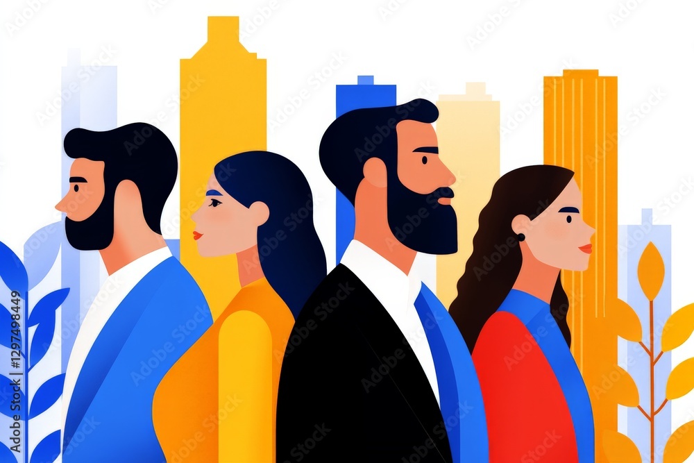 Poster abstract diverse group of people standing together in a modern cityscape symbolizing unity collabora