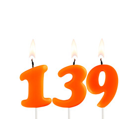 Orange birthday candle on white background - Number 139