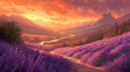Serene Sunset Over Lavender Fields with Majestic Mountains and Calm River in the Background