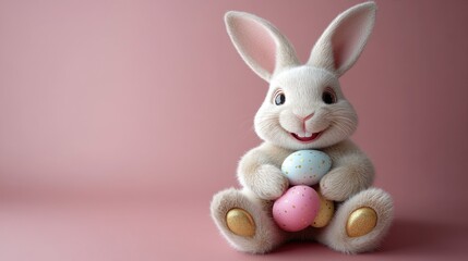 Charming white rabbit holding colorful easter eggs with pink background. Easter, Pascha, Paskha, Ostern, Pascua, Paques - Orthodox and Catholic Holiday celebration