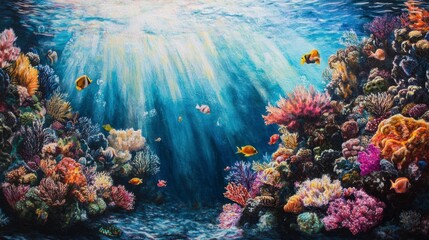 Naklejka premium Underwater Reef: A vibrant coral reef teeming with colorful coral formations, fish, and sunlight piercing through the water surface.