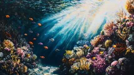 Fototapeta premium Underwater Paradise: A vibrant underwater scene teeming with life, featuring colorful coral reefs and a variety of fish, with sunlight filtering through the water.