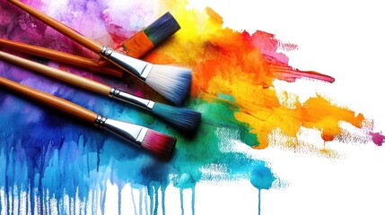 Obraz premium Vibrant paintbrushes resting on a colorful splash of paint, showcasing artistic creativity in action