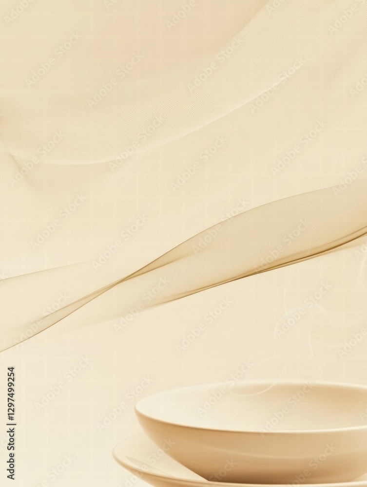 Poster Soft fabric drapes gracefully above an elegant empty plate in a minimalist dining setting capturing tranquility in a serene environment. Generative AI