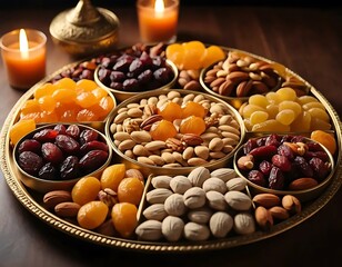 Dried Fruits and Nuts Assortment on Golden Tray with Candles