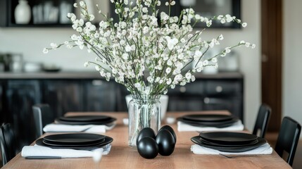 A monochrome Easter table setting with black plates, white napkins, and black ceramic eggs, paired with simple white flowers in a glass vase as a centerpiece