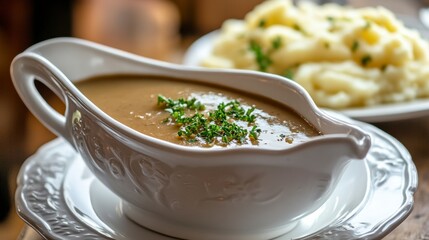 Rich Brown Gravy Boat: A creamy, rich brown gravy sits in an elegant white gravy boat, garnished with fresh herbs.  A plate of fluffy mashed potatoes is subtly visible in the background.