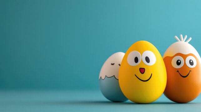 Colorful easter eggs with cute faces and expressions on turquoise background. Easter, Pascha, Paskha, Ostern, Pascua, Paques - Orthodox and Catholic Holiday celebration