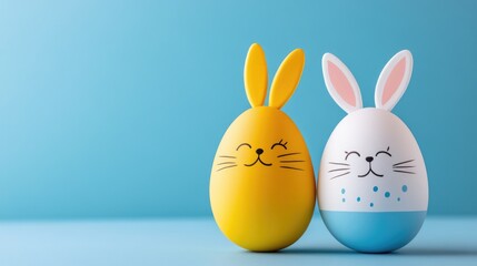Obraz premium Colorful easter bunny eggs with cute faces on blue background. Easter, Pascha, Paskha, Ostern, Pascua, Paques - Orthodox and Catholic Holiday celebration