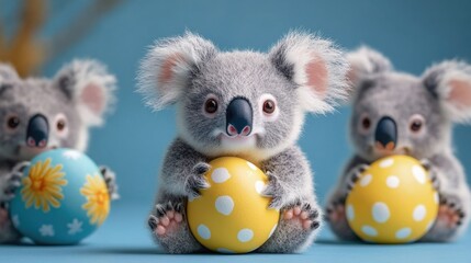 Fototapeta premium Cute baby koalas holding colorful patterned eggs on blue background. Easter, Pascha, Paskha, Ostern, Pascua, Paques - Orthodox and Catholic Holiday celebration