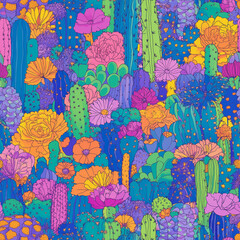 Seamless pattern of abstract cactus in modern style. Floral hand draw print. Bright neon color background.