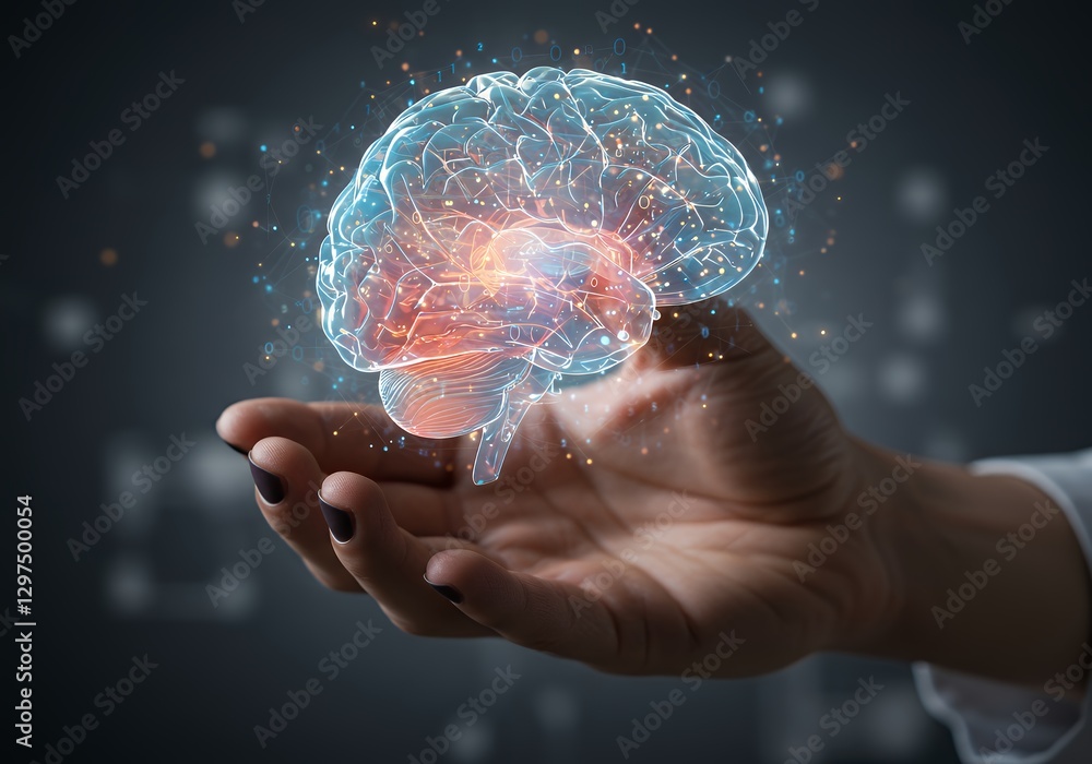 Aufkleber holding digital brain in hand representing artificial intelligence and machine learning