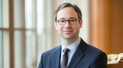 Fototapeta premium Professional Portrait: Confident business man in a tailored suit and glasses posing. Capturing the essence of a business professional, his gaze conveys competence and approachability