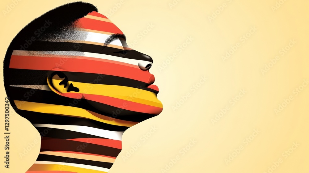 Poster abstract cybernetic portrait of a human head wrapped in layered futuristic patterns and digital text