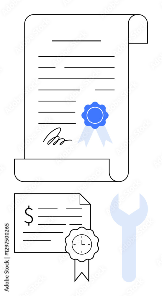 Poster official document scroll with blue ribbon seal and signature, next to a certificate with a dollar si