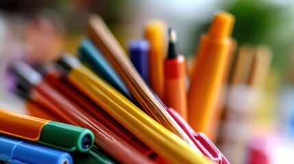 A vibrant collection of colorful pens and markers arranged in a dynamic display on a desk