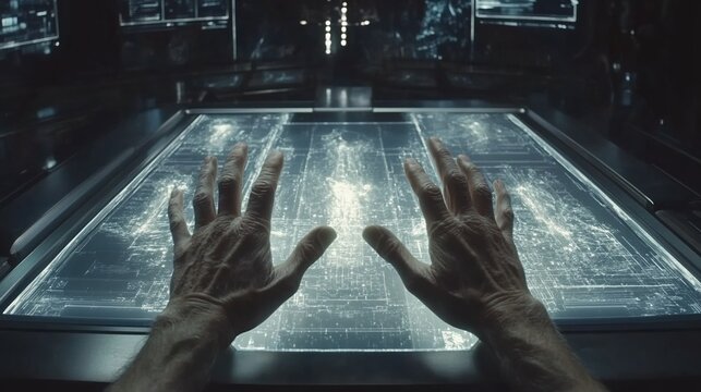 Futuristic control room hands interact with digital map