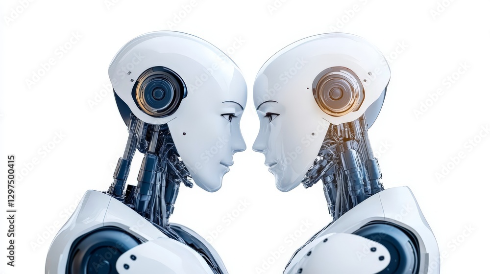 Poster two humanoid robots facing each other in a futuristic ai inspired composition symbolizing machine le