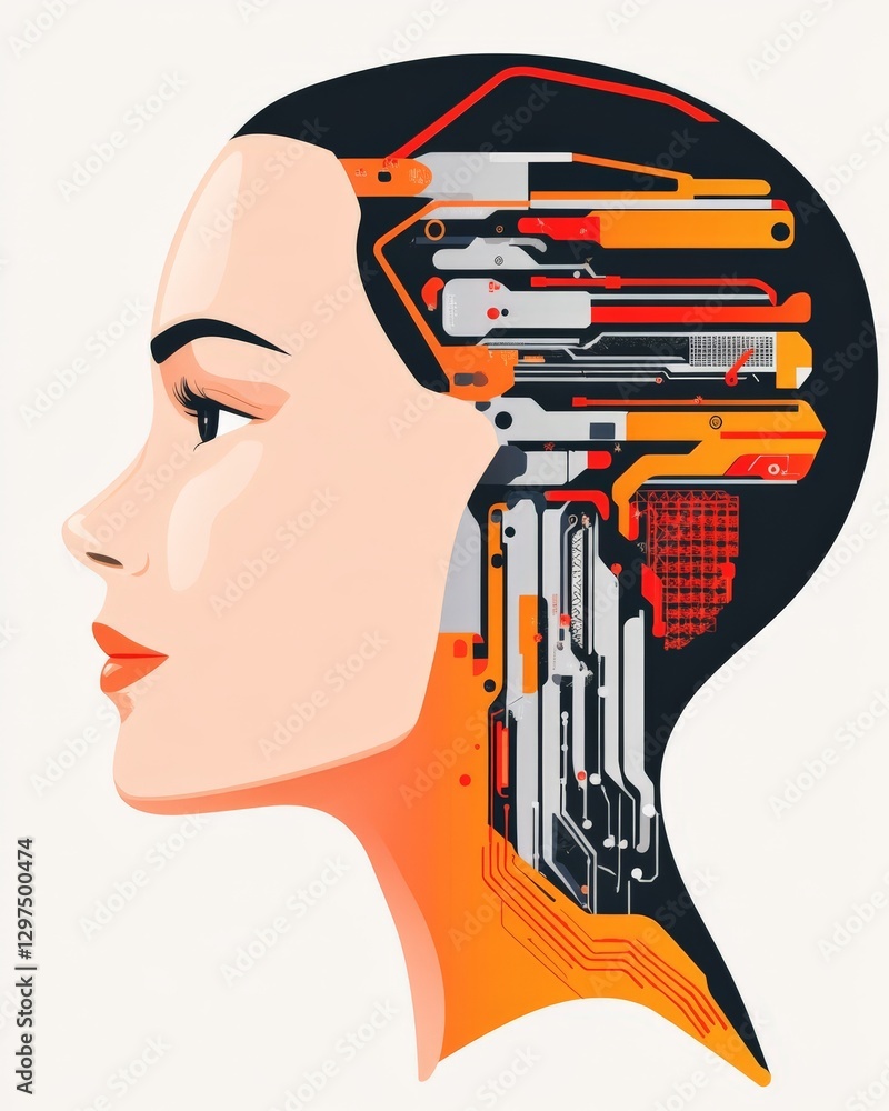 Poster digital concept of futuristic female profile with circuit board patterns symbolizing artificial inte
