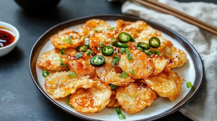 A plate of crispy wonton nachos topped with cheese, jalapeos, and sweet chili sauce for a Chinese New Year party snack.