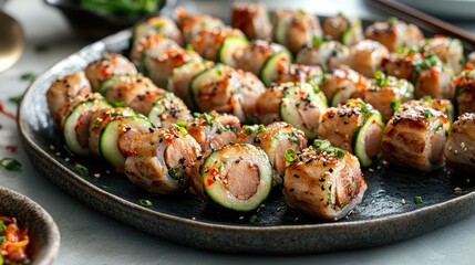 A platter of Chinese New Year fusion sushi rolls filled with char siu pork, cucumber, and a drizzle of spicy mayo.