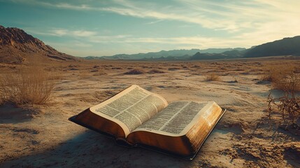 Open Holy Bible in Desert Landscape at Sunset
