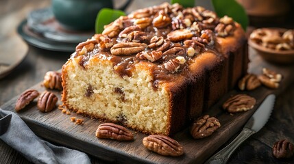 Soft and rich wet cake garnished with a variety of nuts for an indulgent dessert