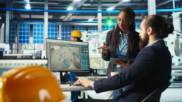 Photovoltaics factory manager and coworker brainstorming, adjusting system parameters to maximize power generation. Man talking with colleague,optimizing energy supply in solar panel plant, camera A