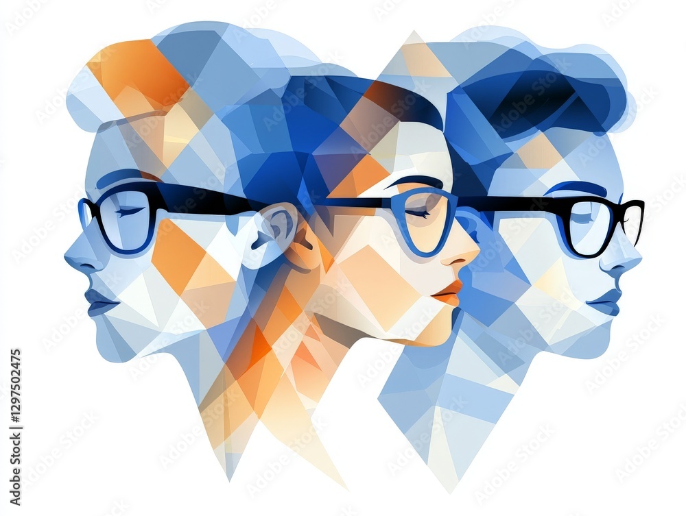 Poster abstract multiple overlapping faces with blue geometric transparency futuristic digital identity psy
