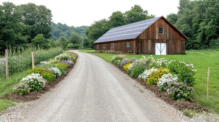 Fototapeta premium Rural gravel road leads to solar-powered barn