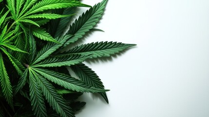 Close-up of lush green cannabis leaves arranged artistically on a light background