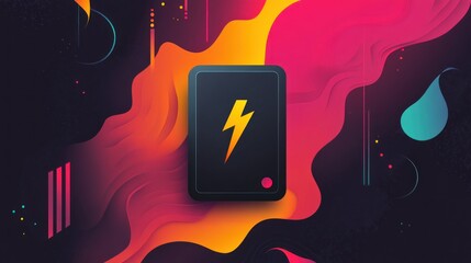 Abstract symbol of energy saving battery art, flames of fire particles dim around the lightning symbol, showing its light from within when the power is low.