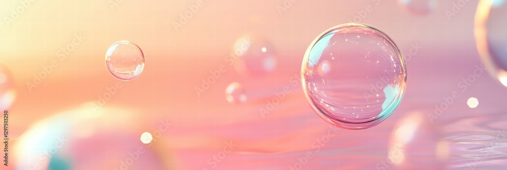 Poster colorful soap bubbles floating softly above water in a serene pastel background during sunset. gener