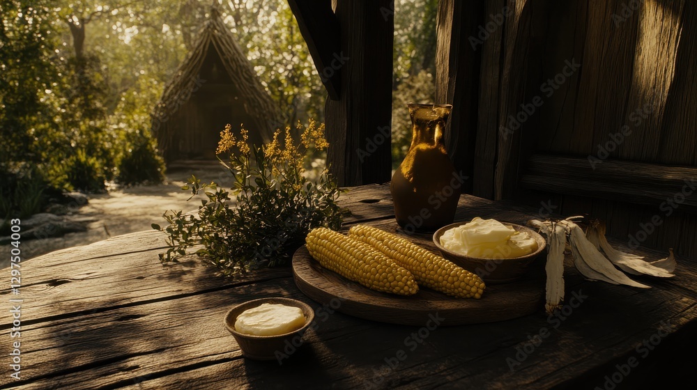 Poster rustic table display with fresh corn and creamy butter on a wooden surface in a natural setting