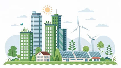 Fototapeta premium Sustainable city with wind turbines and solar panels under sunny skies and green buildings