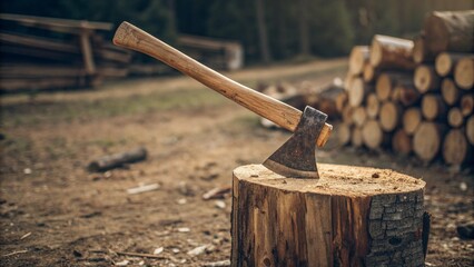 A sturdy axe stuck in a tree stump in a forest setting, representing logging and forestry work